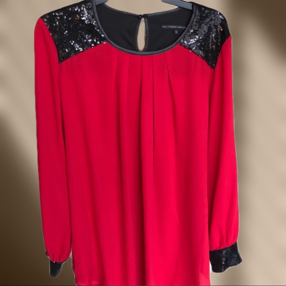 Full Figured Fashionista Red Blouse with Black sequined embellishments